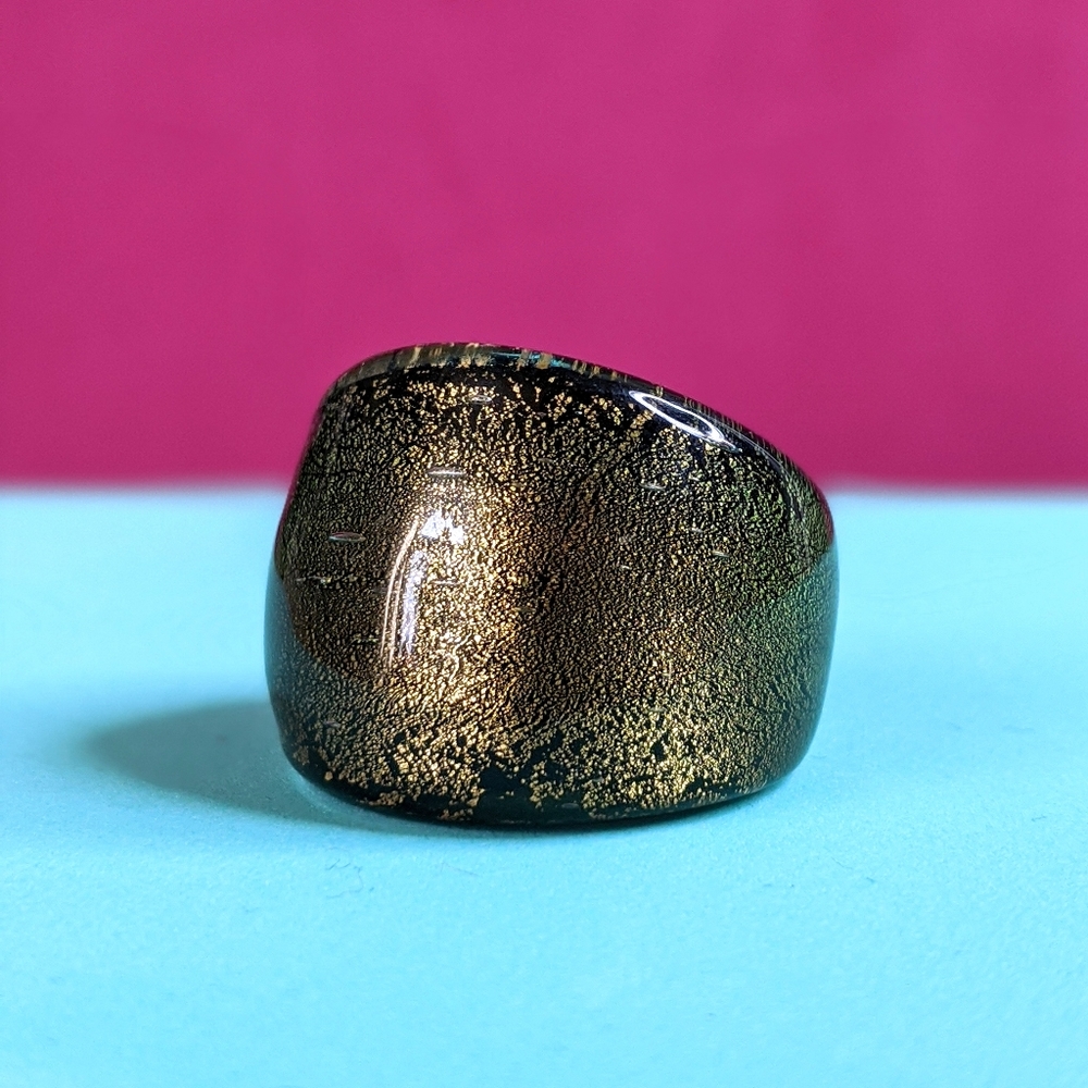 Murano glass ring gold flakes black dome vintage